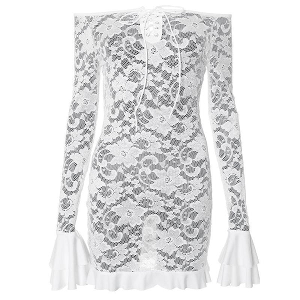 Robe mini transparente à manches longues évasées et à lacets 