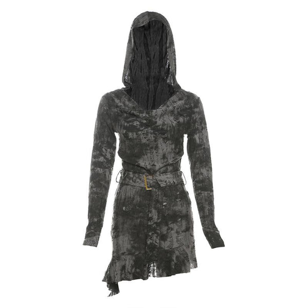 Robe mini ajourée à capuche et manches longues avec ceinture 