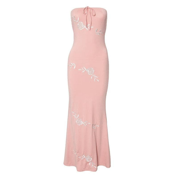 Robe longue tube à nouer avec broderie de roses 