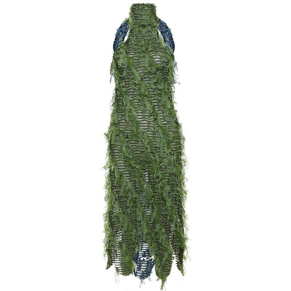 Robe midi dos nu à col haut et texture contrastée 