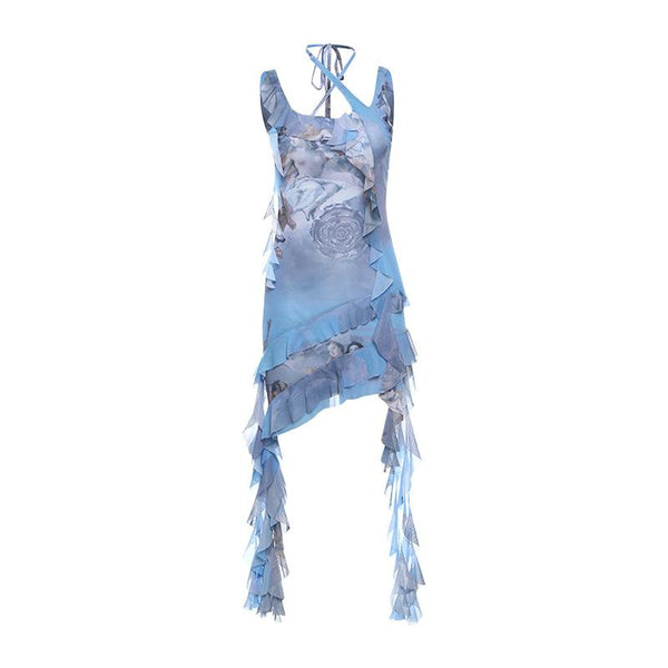 Robe courte à imprimé licou, volants, col en U irrégulier 