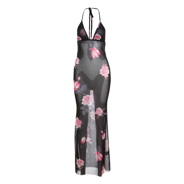 Robe longue transparente à imprimé fleuri et col en V 