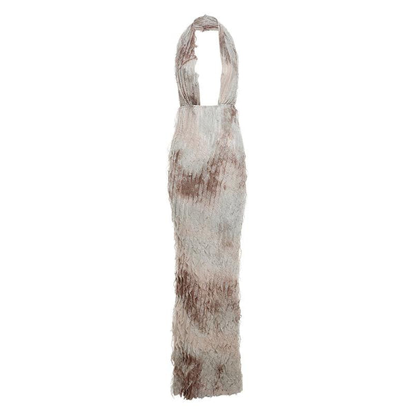 Robe longue dos nu à volants et col carré profond 