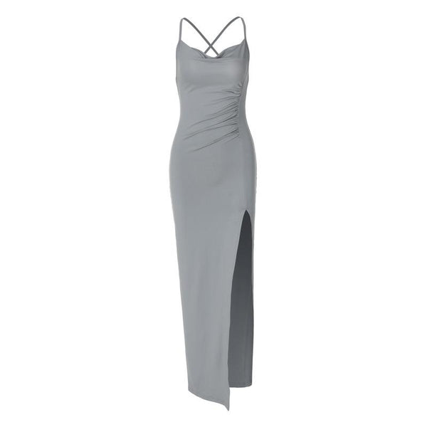 Robe midi fendue à col bénitier et dos croisé froncé 