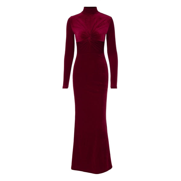 Robe longue froncée en velours à col haut et manches longues 