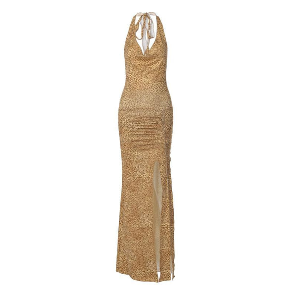 Robe longue froncée à fente haute et col bénitier 