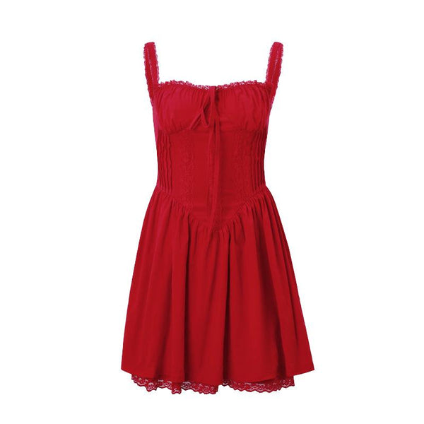 Robe courte à lacets froncés avec cordon de serrage et ourlet en dentelle | robe tango rouge 