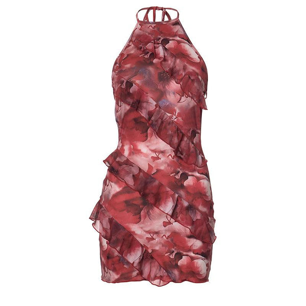 Robe mini dos nu à volants et imprimé floral | Robe de tango rouge 