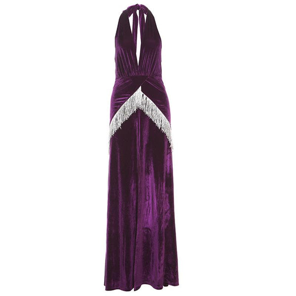 Robe longue dos nu fendue en velours avec col en V et pompons 