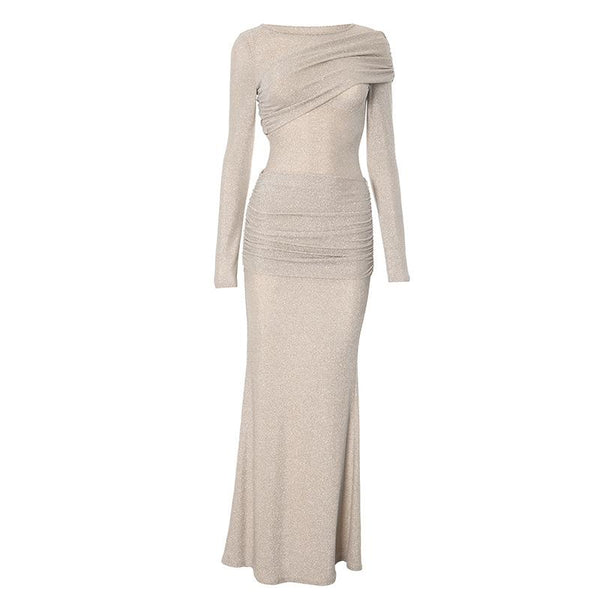 Robe longue à paillettes froncées et à manches longues et col ras du cou 