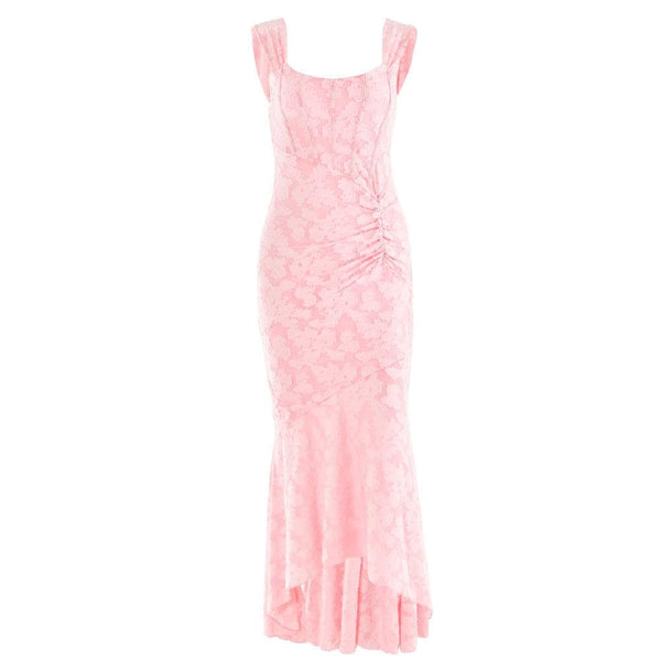 Robe longue bustier froncée à col en U et à volants 