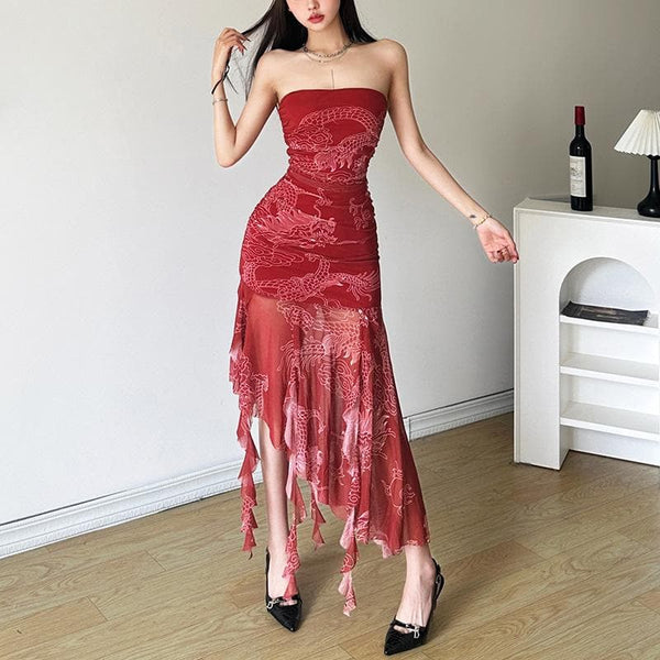 Robe mi-longue tube à volants et imprimé long en maille froncée | robe tango rouge 