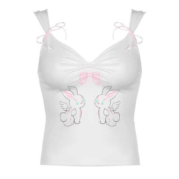 Bowknot rabbit print ruched v neck cami top