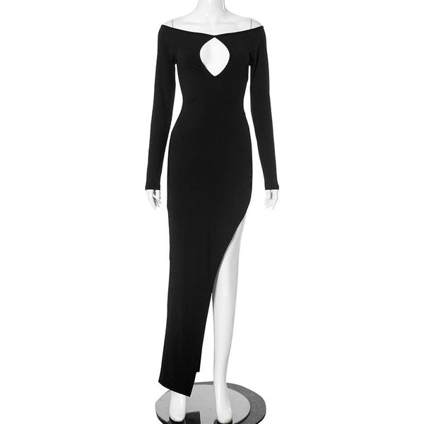 Robe longue fendue à manches longues et épaules dénudées 