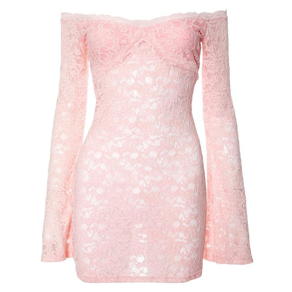 Robe courte transparente en dentelle à manches longues évasées et épaules dénudées | robe de tango rouge 