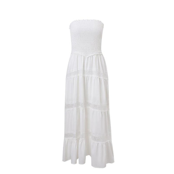 Robe midi tube en patchwork de dentelle froncée à smocks 