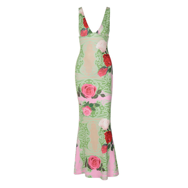 Robe longue à imprimé fleuri et col en V 