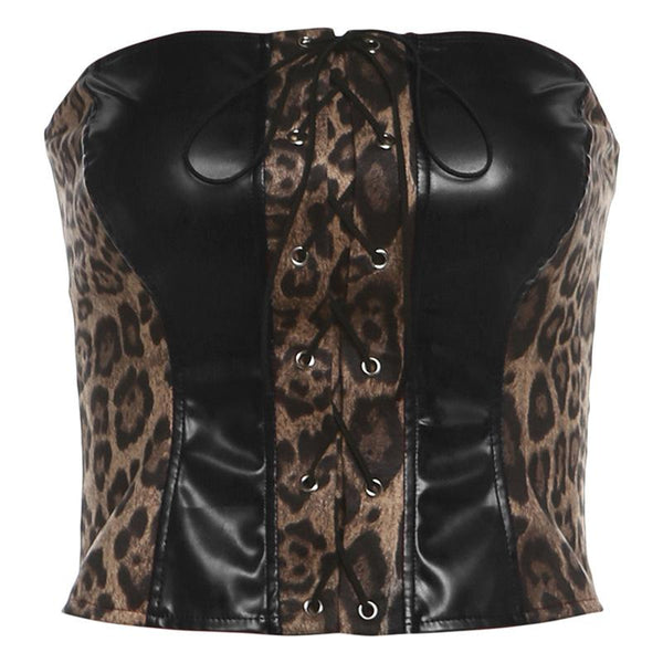 Haut tube patchwork en cuir PU à lacets et imprimé léopard 