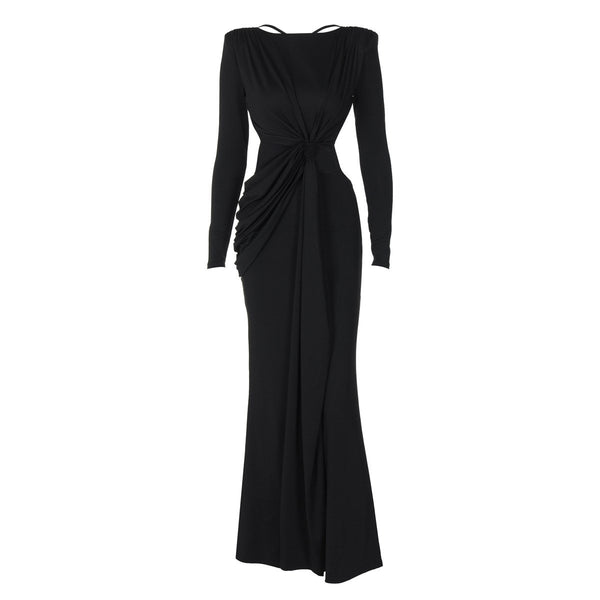 Robe longue froncée à manches longues et dos nu rembourré 