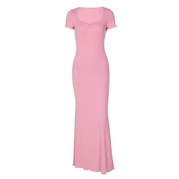Robe longue côtelée unie à manches courtes et col en cœur 