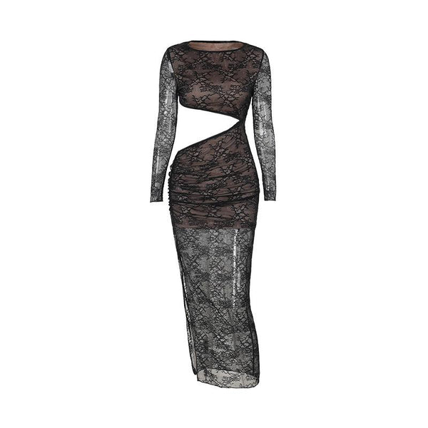 Robe longue ajourée en dentelle à manches longues et col ras du cou 