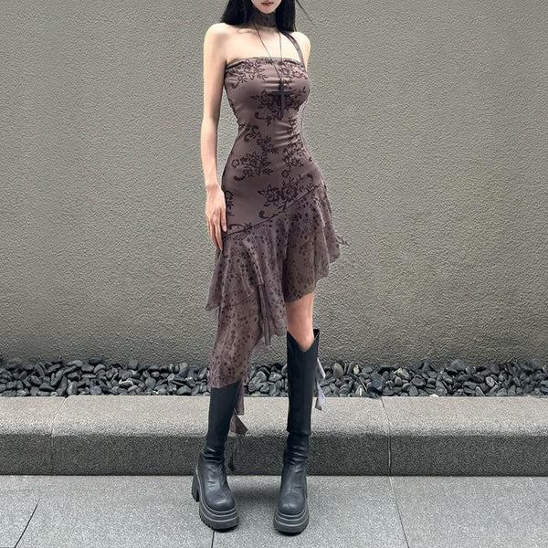 Robe midi tube à volants en maille à imprimé floral irrégulier 