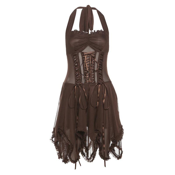 Mini-robe en maille froncée à lacets et à volants 