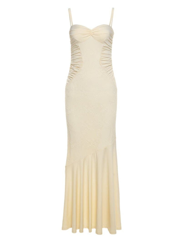 Robe longue à dos nu froncé et col en cœur 