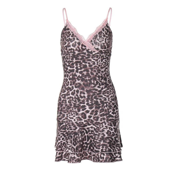 Mini-robe camisole à imprimé léopard, col en V, ourlet en dentelle 