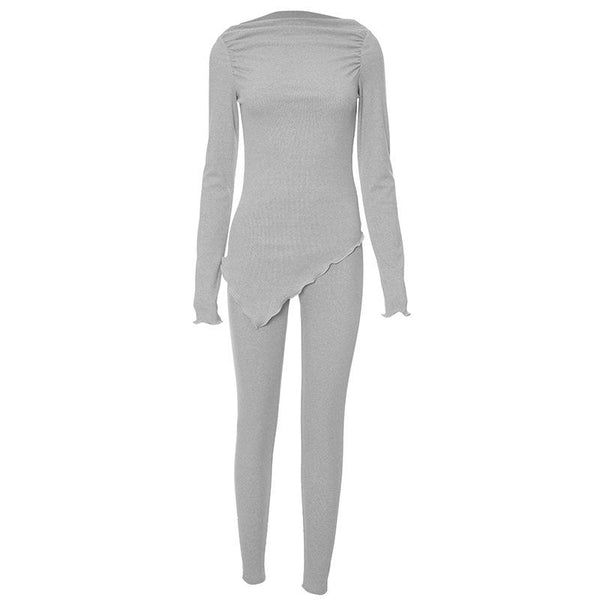 Ensemble pantalon uni à manches longues et fronces irrégulières 
