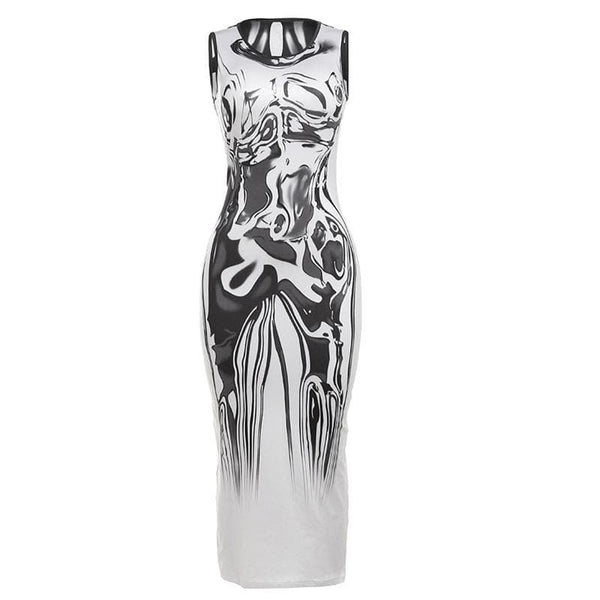 Robe midi à col ras du cou et imprimé abstrait 