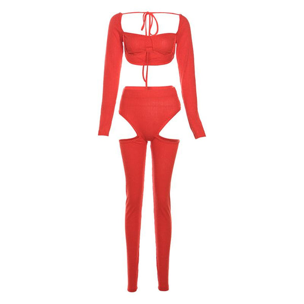 Ensemble pantalon côtelé à manches longues et col carré 