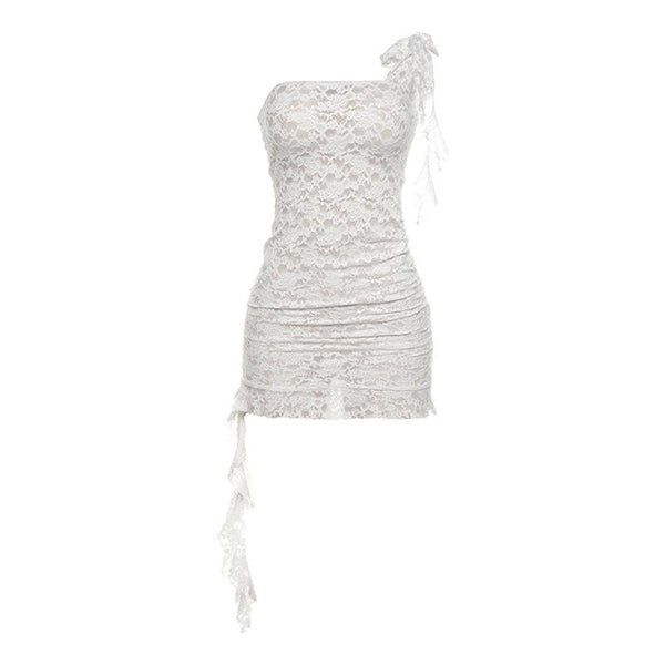 Robe mini froncée nouée à volants et à une épaule en dentelle transparente 