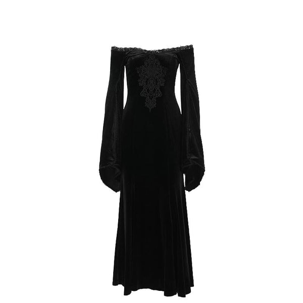 Robe longue brodée en velours à manches longues et épaules dénudées 
