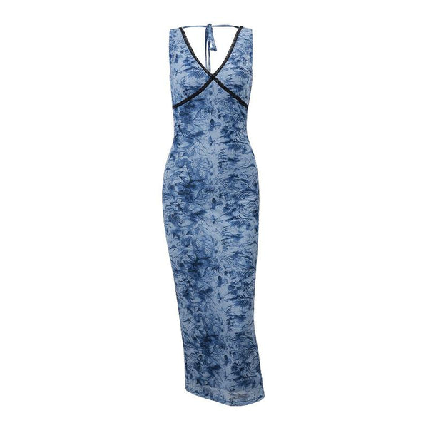 Robe midi nouée en maille imprimée avec ourlet en dentelle et col en V 