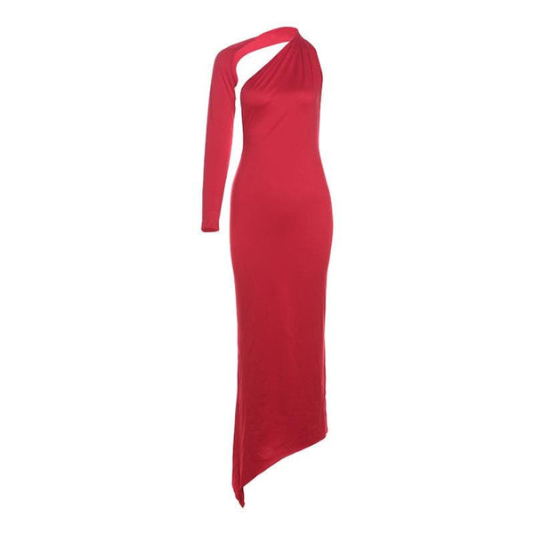 Robe longue asymétrique à manches longues et col licou | Robe de tango rouge 