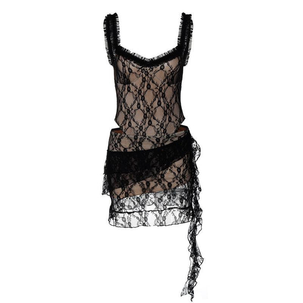 Mini-robe camisole ajourée à volants en dentelle 