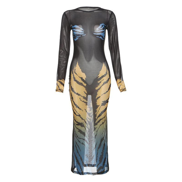 Robe midi à manches longues et col ras du cou en maille transparente à imprimé tigre | robe samba 
