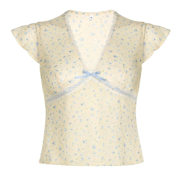 Haut à manches courtes, col en V, imprimé nœud papillon, ourlet en dentelle 