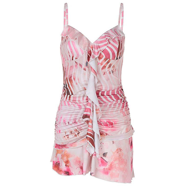 Robe courte à bretelles dos nu avec imprimé froncé et col en V 