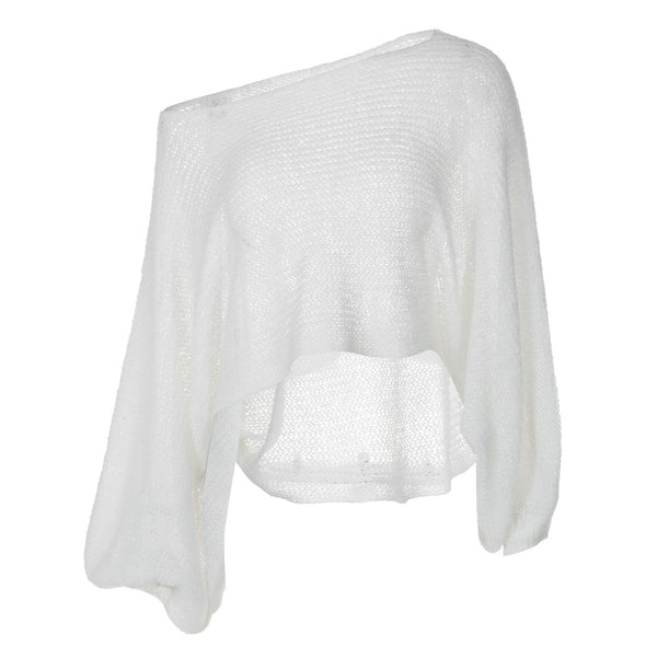 Haut transparent en tricot à manches longues bouffantes et à une épaule 