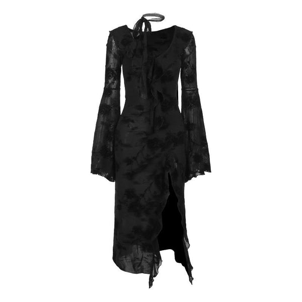 Robe midi à manches longues évasées, col en V, fente et volants 