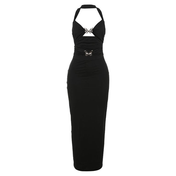 Robe longue ajourée avec étiquette en métal et papillon à licou 