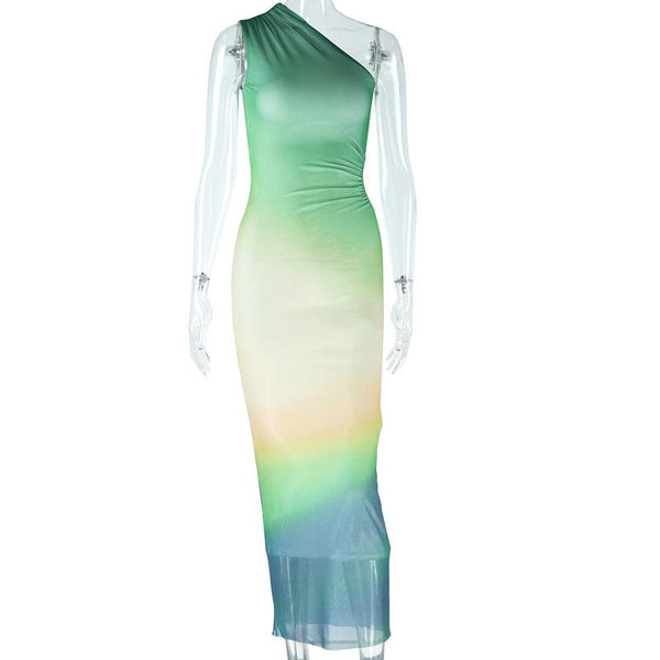 Robe longue ajourée à une épaule et dégradé 