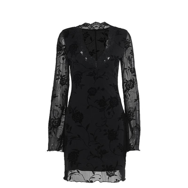 Mini-robe en maille à motif floral et manches longues et col en V 
