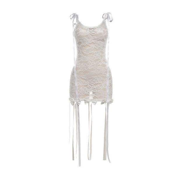 Robe mini transparente sans manches à col en U en dentelle avec nœud papillon et ruban noué 