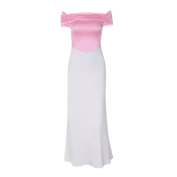 Robe midi en satin froncé à manches courtes et épaules dénudées, à lacets 