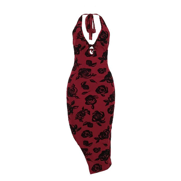 Robe midi dos nu en maille à col en V et fente | Robe de tango rouge 