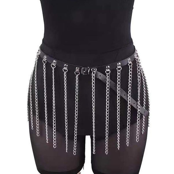 Ceinture à pompons en cuir PU avec chaîne en métal