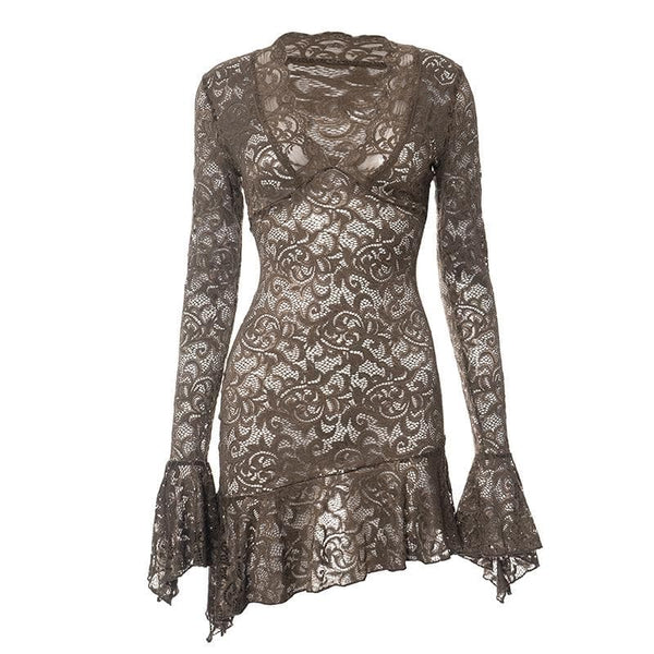 Robe mini transparente à manches longues évasées et volants en dentelle 